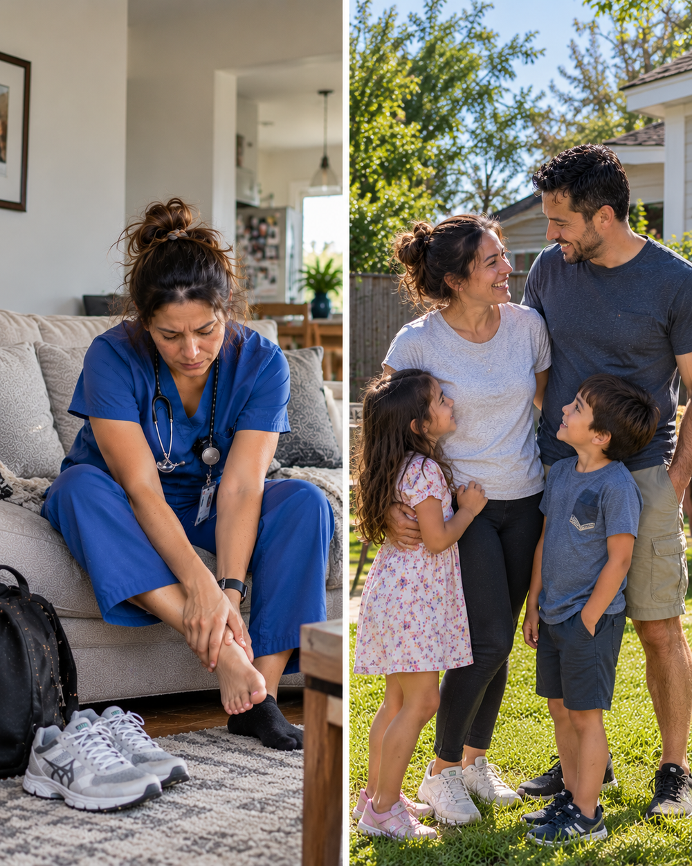 Trabajadora cansada después del turno y luego con energía con su familia